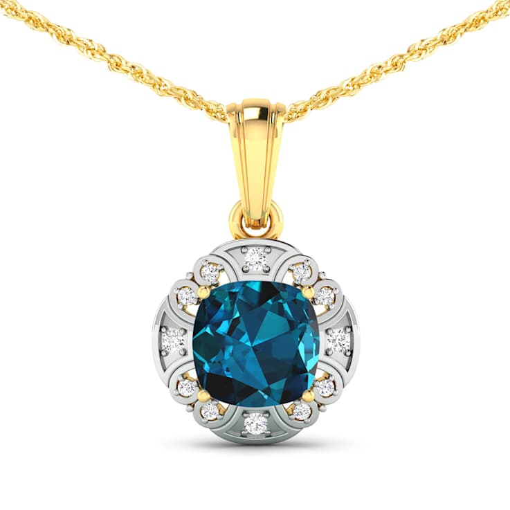 2.15ctw 14K Yellow Gold Blue London Blue Topaz and White Diamond Pendant
with 18 inch Cable Chain
