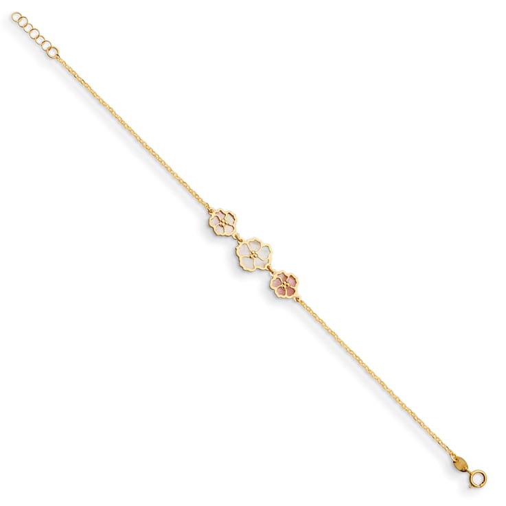 14K Yellow Gold with Pink and White Mother of Pearl Flowers 7-inch Bracelet