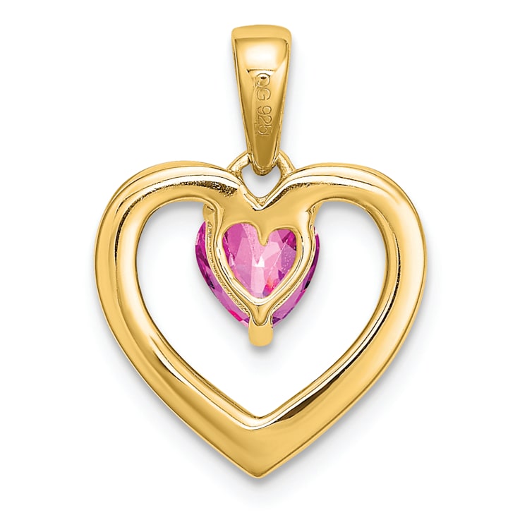 14k Yellow Gold Lab Created Pink Sapphire and Diamond Heart Pendant
