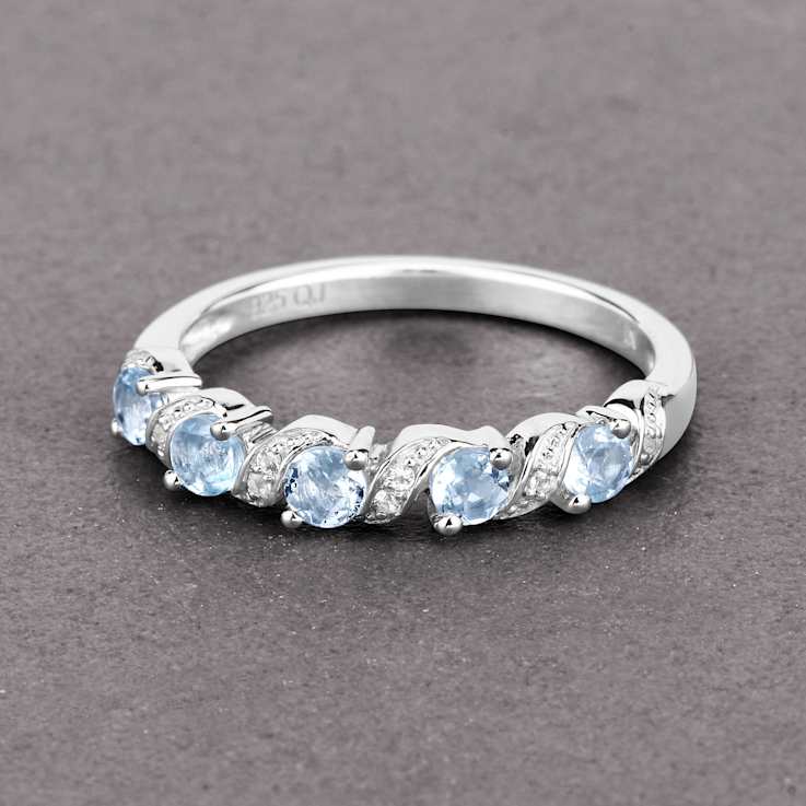 Sky Blue Aquamarine and White Topaz Sterling Silver 5 Stone Band Ring
