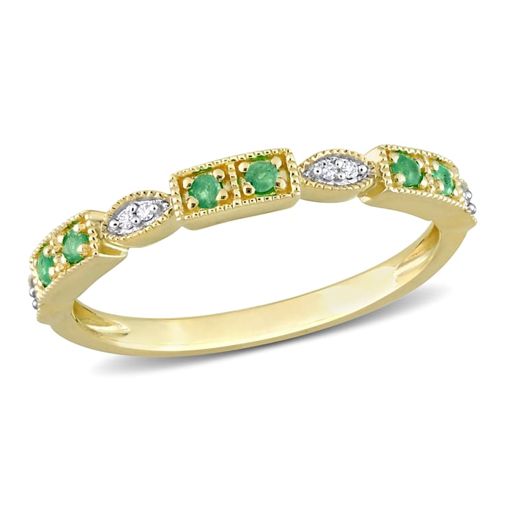 Emerald and Diamond 10K Yellow Gold Ring 0.14ctw