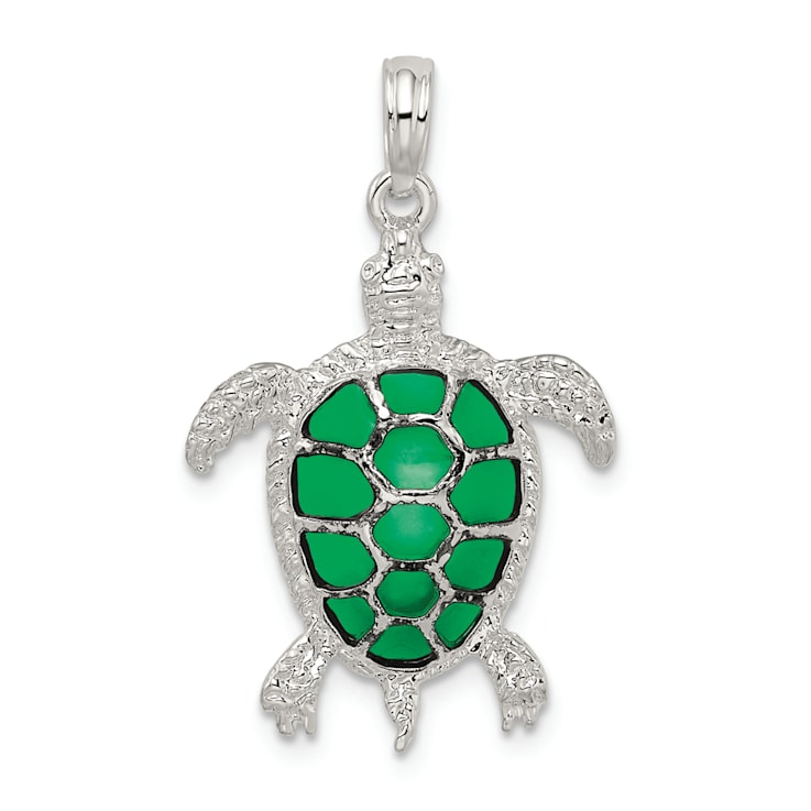 Rhodium Over Sterling Silver Polished Enameled Green Sea Turtle Pendant