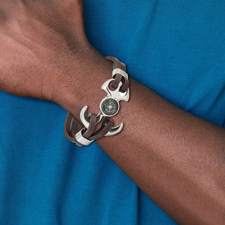 Brown Leather and Stainless Steel Polished Functional Compass 8.5-inch Bracelet