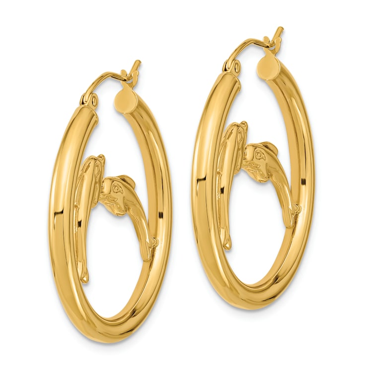 14k Yellow Gold 1 1/4" Polished Dolphins Hoop Earrings