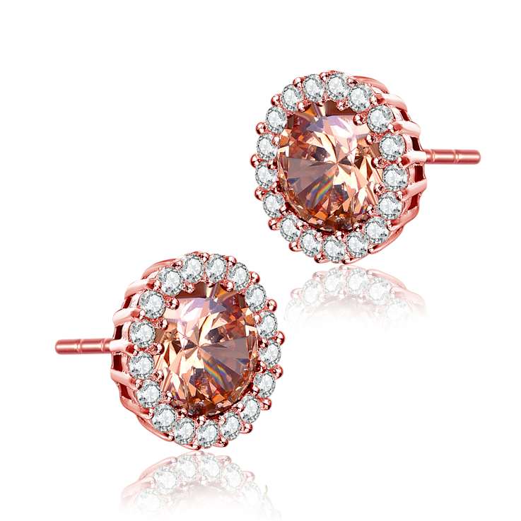 Coffee Color CZ Halo Stud Earrings In 18K Rose Gold Over Sterling Silver