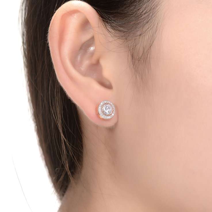 CZ Halo Stud Earrings In 18K Rose Gold Over Brass
