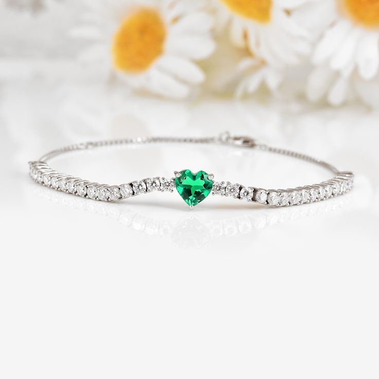 Lab Created Emerald and Moissanite Accent Sterling Silver Heart Shape
Tennis Bracelet