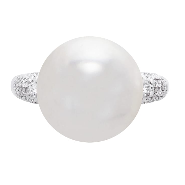 13-14mm Round White Freshwater Pearl with Diamond Accents 14K White Gold Ring