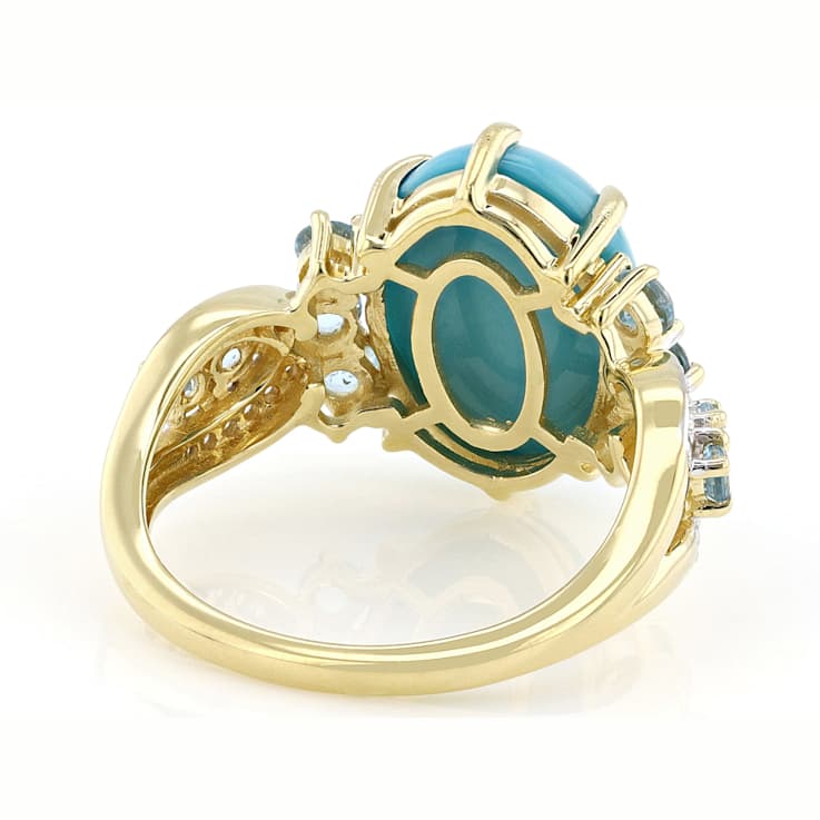 Turquoise With Blue Topaz And White Zircon Ring In 18K Gold Over
Sterling Silver 0.68ctw