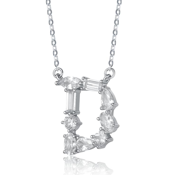 Initial D Mixed Cut CZ Pendant Necklace In Sterling Silver 18 Inch