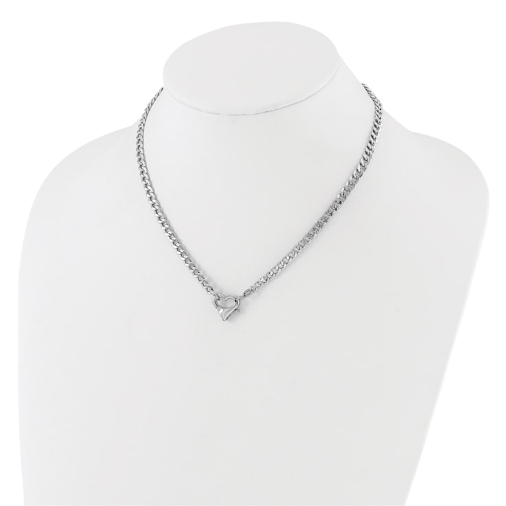 Rhodium Over Sterling Silver Heart Clasp Fancy Diamond-cut Curb
16.5-inch Necklace