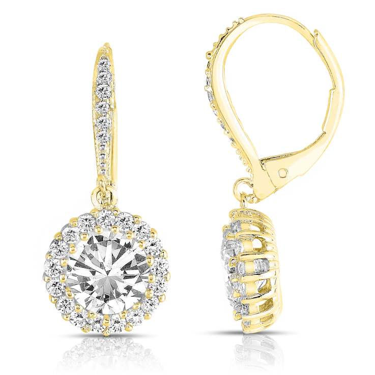 CZ Halo Drop Earrings In 14K Gold Over Sterling Silver
