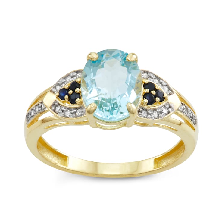 Aquamarine and Sapphire with Diamond Accent 10K Yellow Gold Ring 1.81ctw