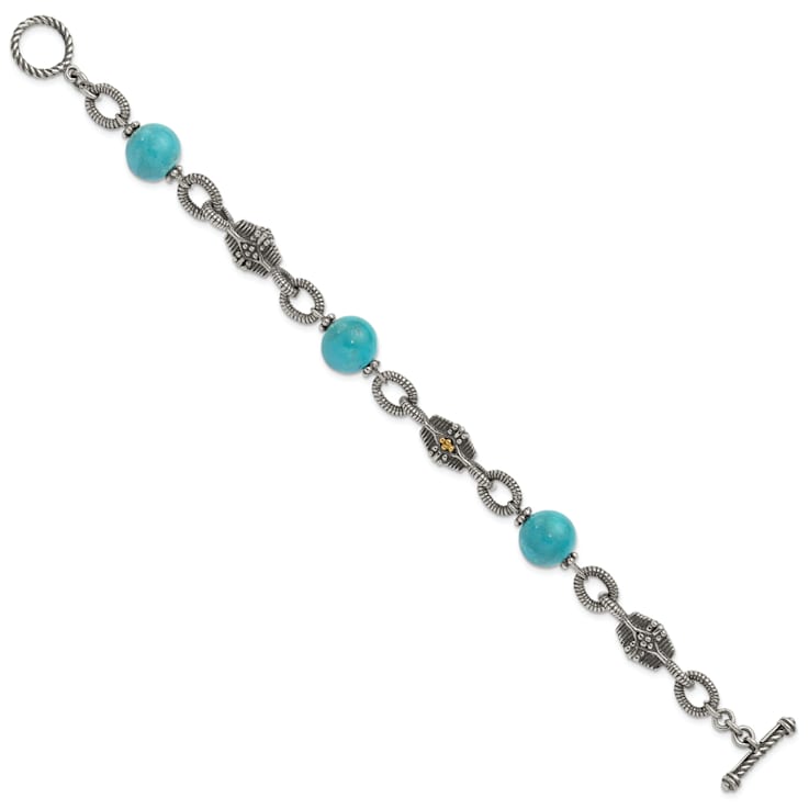 Sterling Silver with 14K Gold Over Sterling Silver Accent Oxidized
Reconstructed Turquoise Bracelet