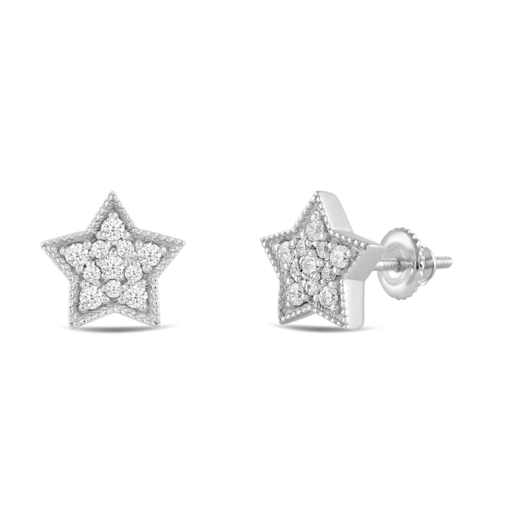 White Cubic Zirconia 14k White Gold Star Earrings With Velvet Gift Box 0.30ctw