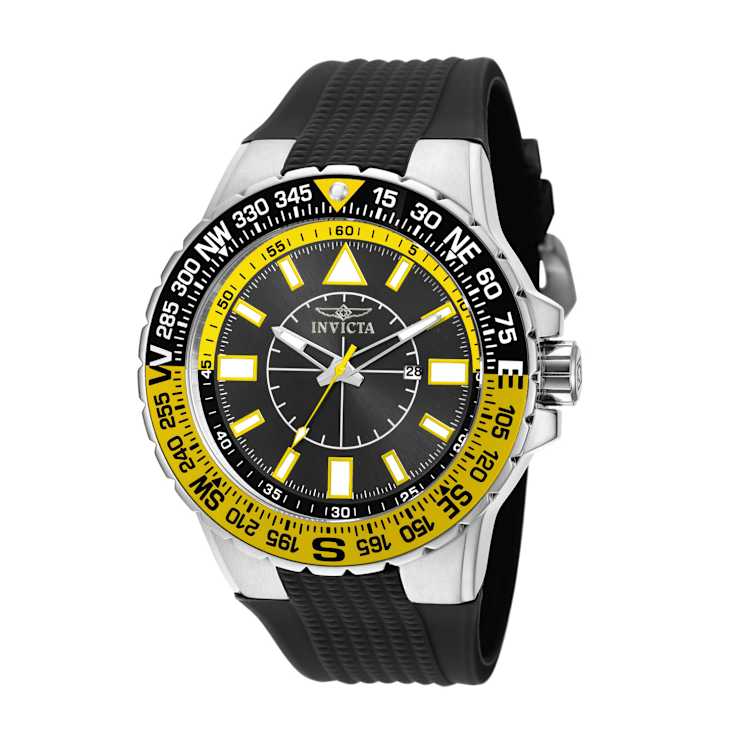Invicta Aviator 52mm Black Dial Yellow Bezel Black Silicone Strap Quartz Watch