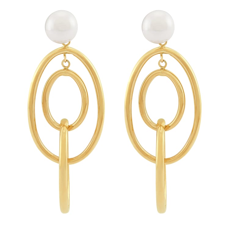 8-8.5mm Round White Freshwater Pearl 14K Yellow Gold Graduated Oval
Dangle Style Earrings