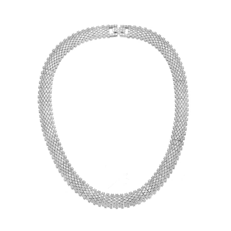 Linear Pave CZ Statement Necklace In White Rhodium Over Brass