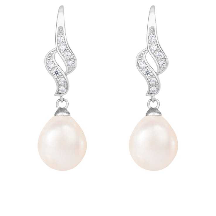 7-7½mm White Cultured Freshwater Pearl and Cubic Zirconia Rhodium Over
Sterling Silver Earrings