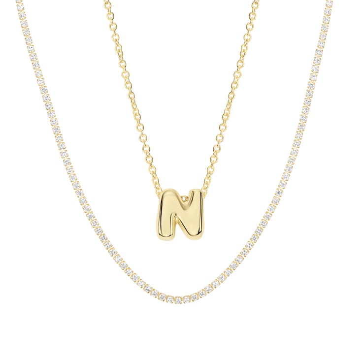 CZ Initial N Tennis Necklace And Pendant Set In 14K Gold Over Brass 4.05ctw