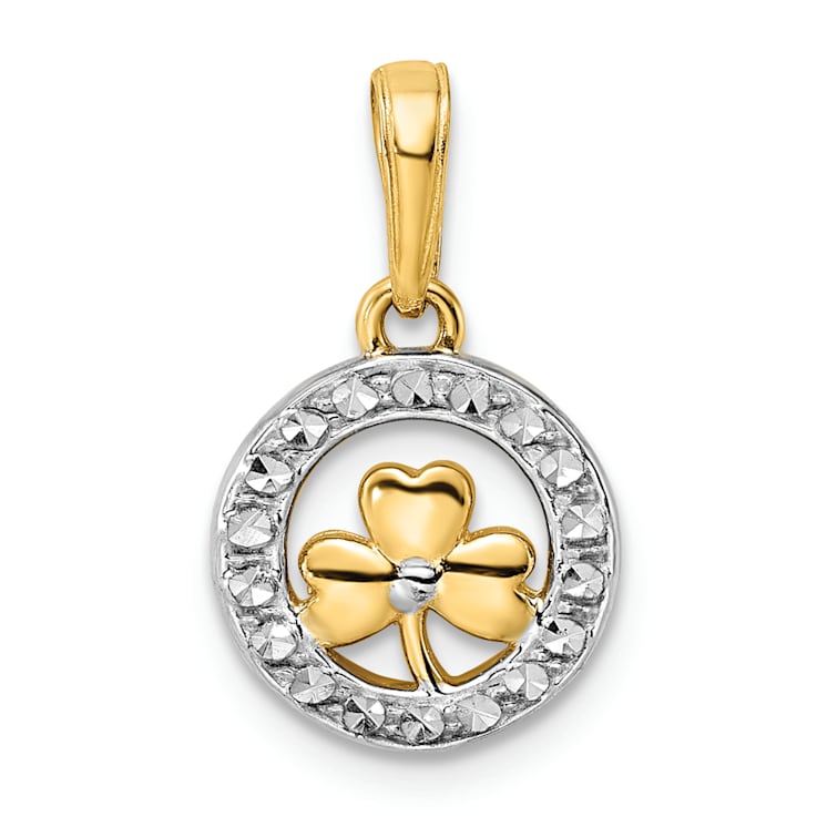 14K Yellow Gold with White Rhodium Diamond-Cut Clover in Circle Pendant