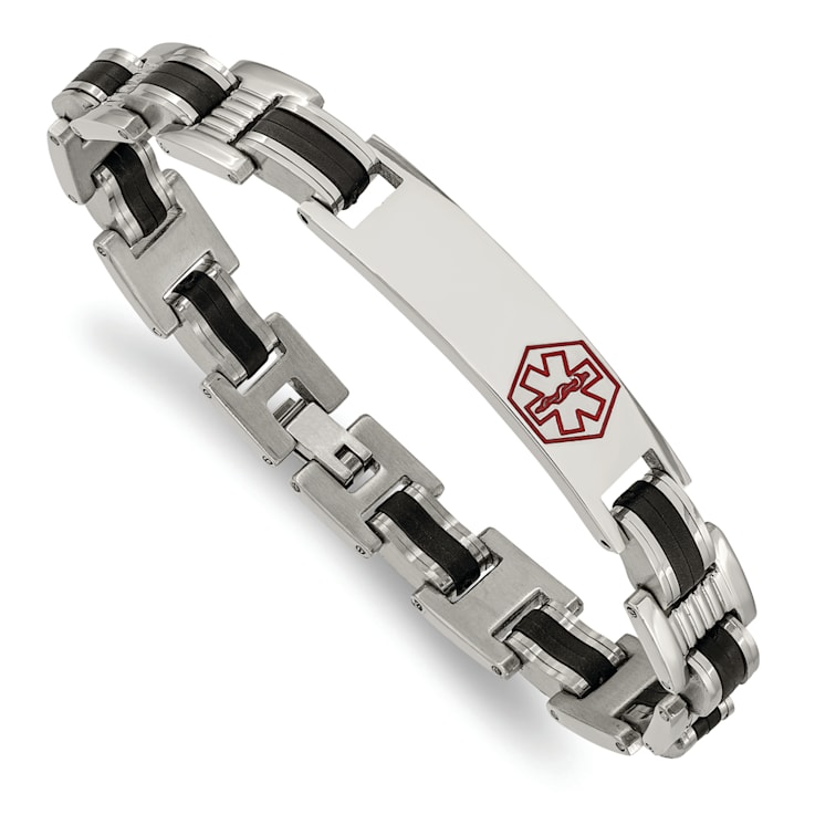 Stainless Steel Black Rubber Red Enamel 8-inch Medical Bracelet