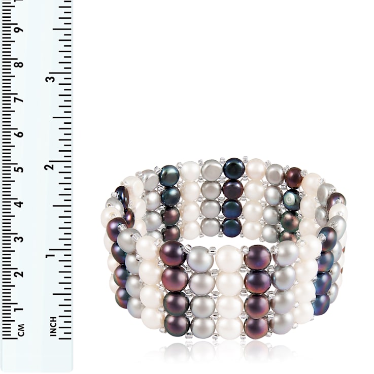 6-7mm Black, Silver, and White Cultured Freshwater Pearl Silver  Bracelet