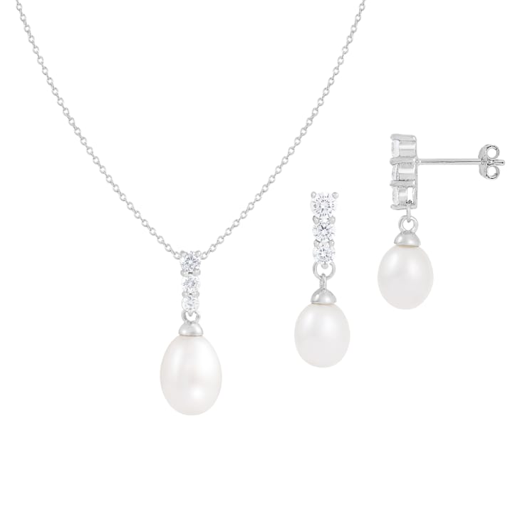 7-8mm Drop White Freshwater Pearl and CZ Rhodium Over Sterling Earring
and Pendant W/Chain Set
