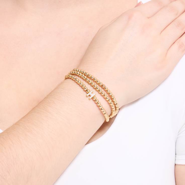 Initial H CZ Beaded Bracelet Set In 14K Gold Over Brass 0.15ctw