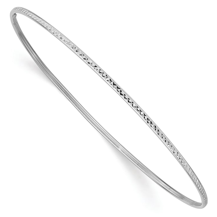Rhodium Over 14K Gold 1.5mm Diamond-cut Slip-on Bangle Bracelet
