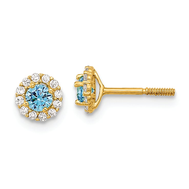 14K Yellow Gold 5.35mm Polished Blue and Clear Cubic Zirconia Stud Earrings