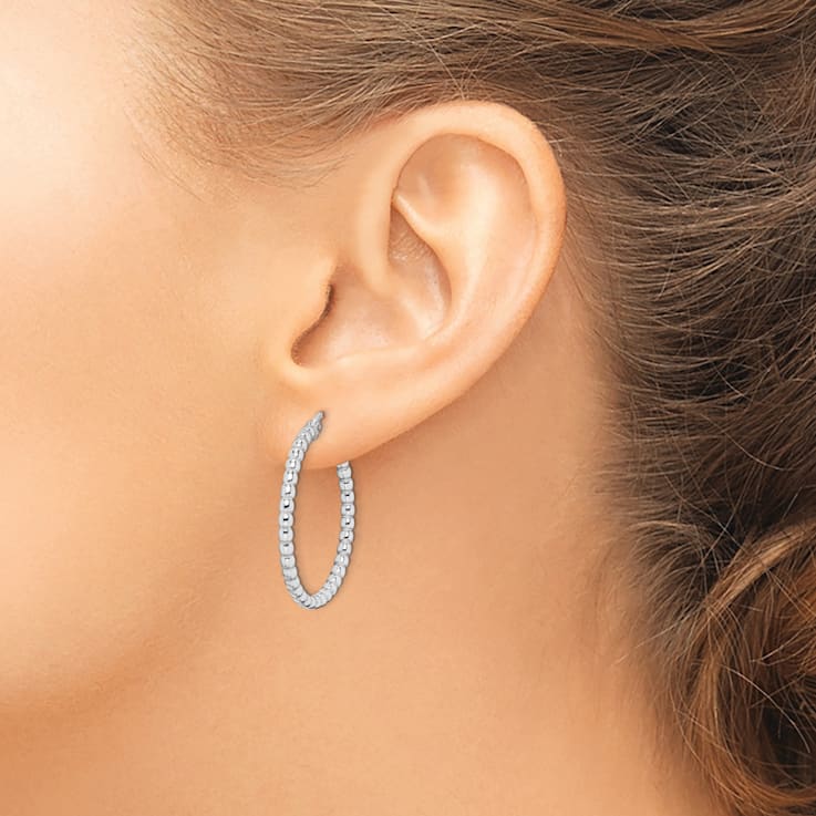 Rhodium Over Sterling Silver Beaded 3x25mm Hoop Earrings