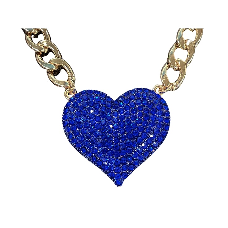 Blue Crystal Gold Tone Center Heart Pendant Necklace.