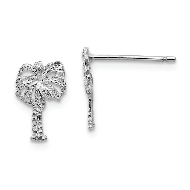 Rhodium Over 14k White Gold Textured Palm Tree Stud Earrings