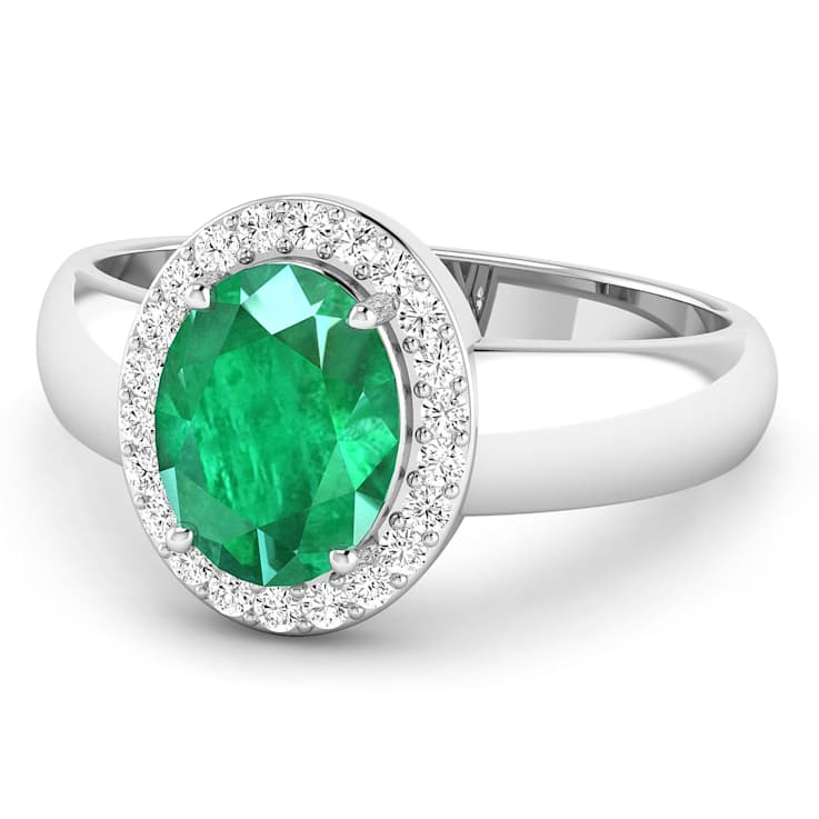 1.75ctw Green Emerald and Diamond 14K White Gold Halo Ring