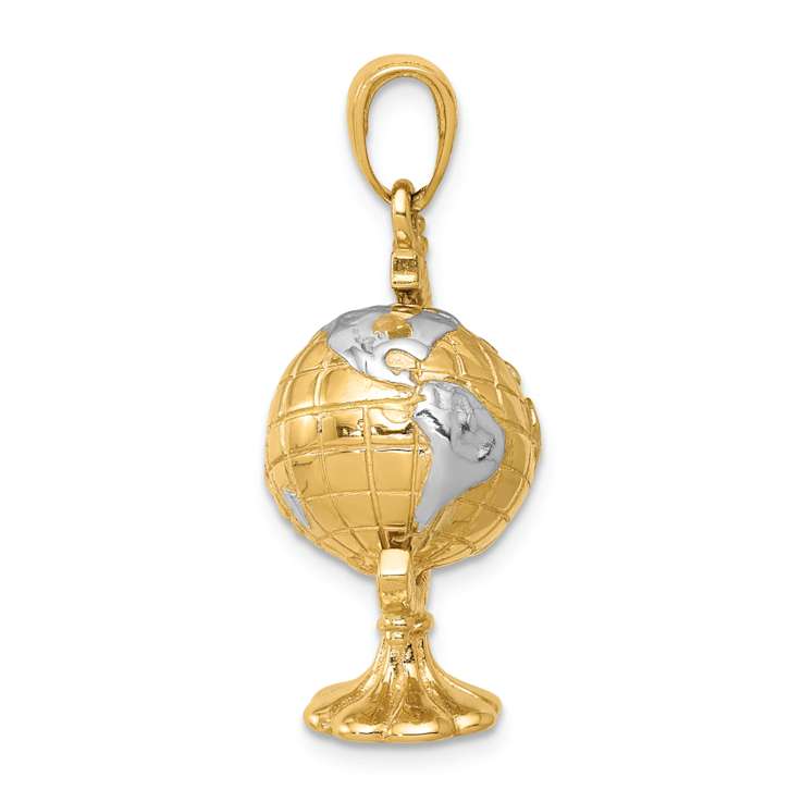 14k Yellow Gold and Rhodium Over 14k Yellow Gold 3D Moveable Textured
Globe Pendant