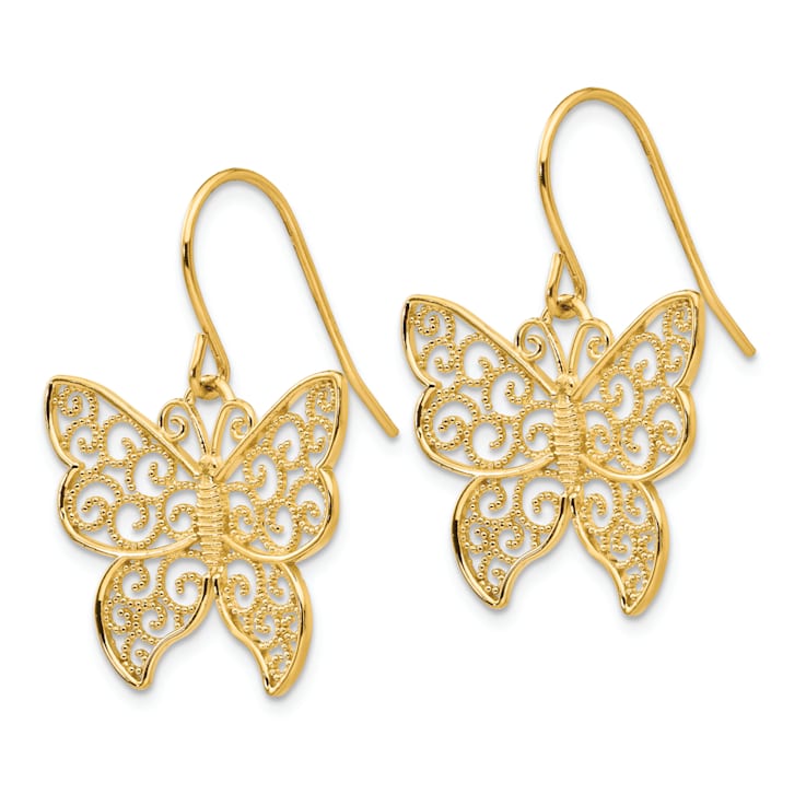 14K Yellow Gold Textured Butterfly Dangle Earrings