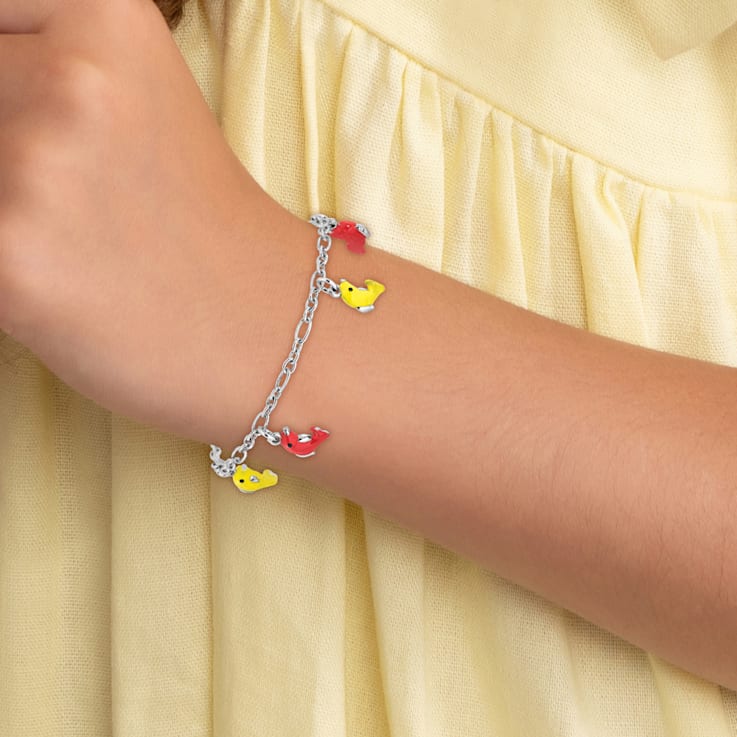 Sterling Silver Polished and Enameled Dolphins Children's 6-inch Bracelet