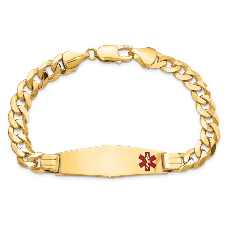 14k Yellow Gold Medical Soft Diamond Shape Red Enamel Flat Curb Link ID Bracelet