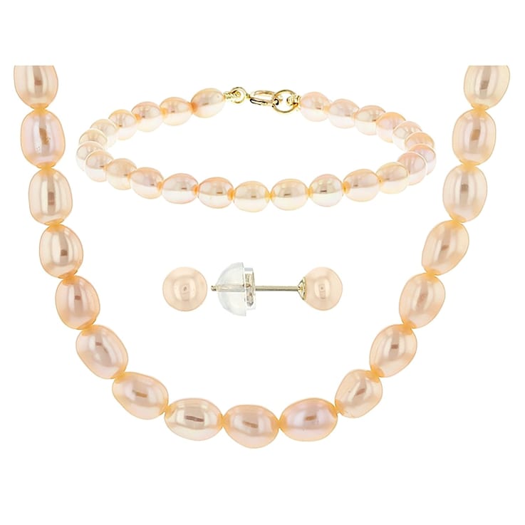 14k Yellow Gold Childrens Natural Pink Cultured Freshwater Pearl Set