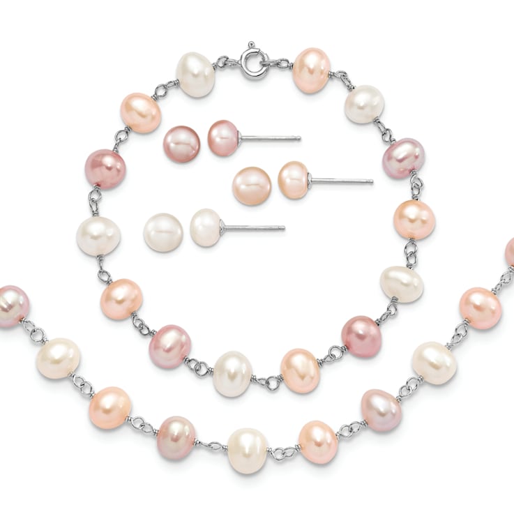 Rhodium Over Sterling Silver Multi-color Freshwater Pearl
Necklace/Bracelet/Earring Set