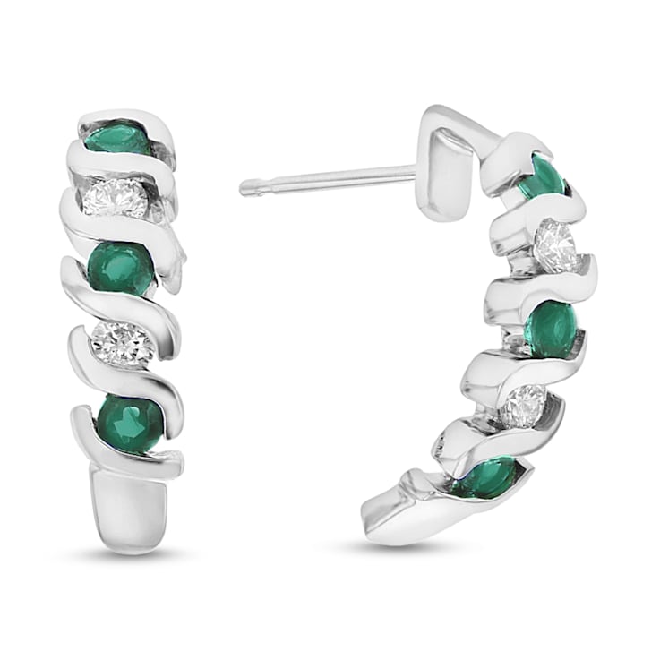 0.76ctw Emerald and Diamond J-Hoop Earrings in 14k White Gold