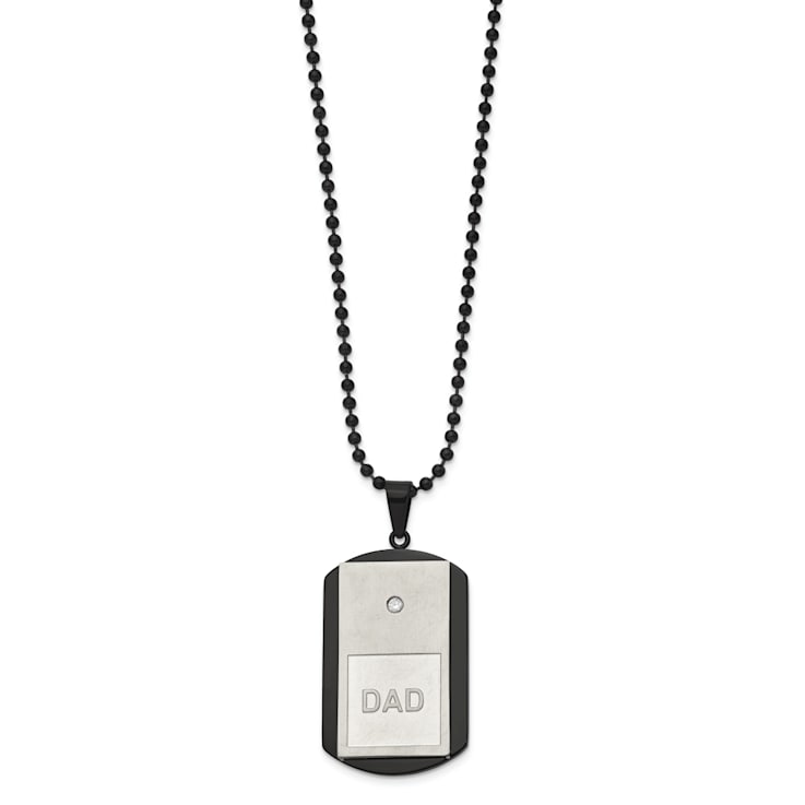 White Cubic Zirconia Stainless Steel Brushed Black IP-plated Men's Dad
Dog Tag Pendant With Chain