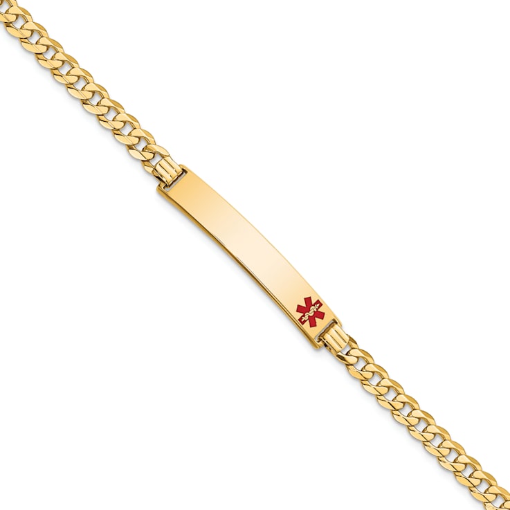 14k Yellow Gold Medical Red Enamel Curb Link ID Bracelet