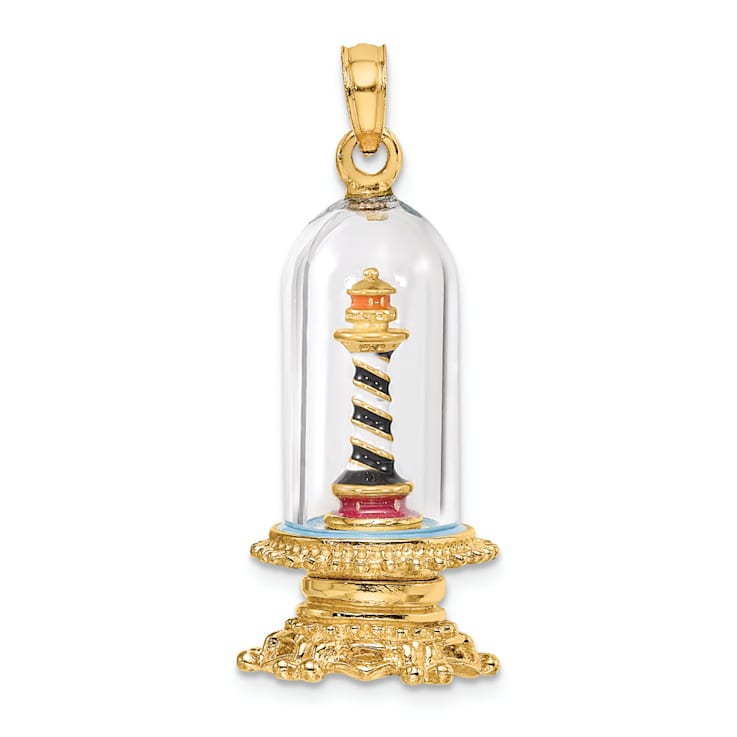 14k Yellow Gold Enameled 3D Lighthouse In Glass Dome Charm