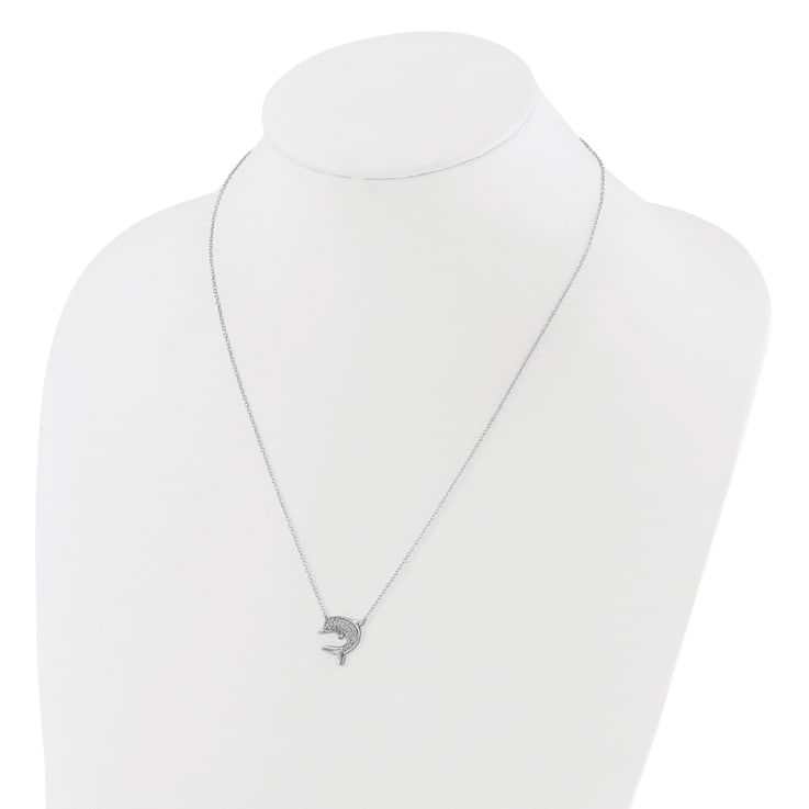 Rhodium Over Sterling Silver Polished Cubic Zirconia Dolphin 18 Inch
with 2" Extension Necklace