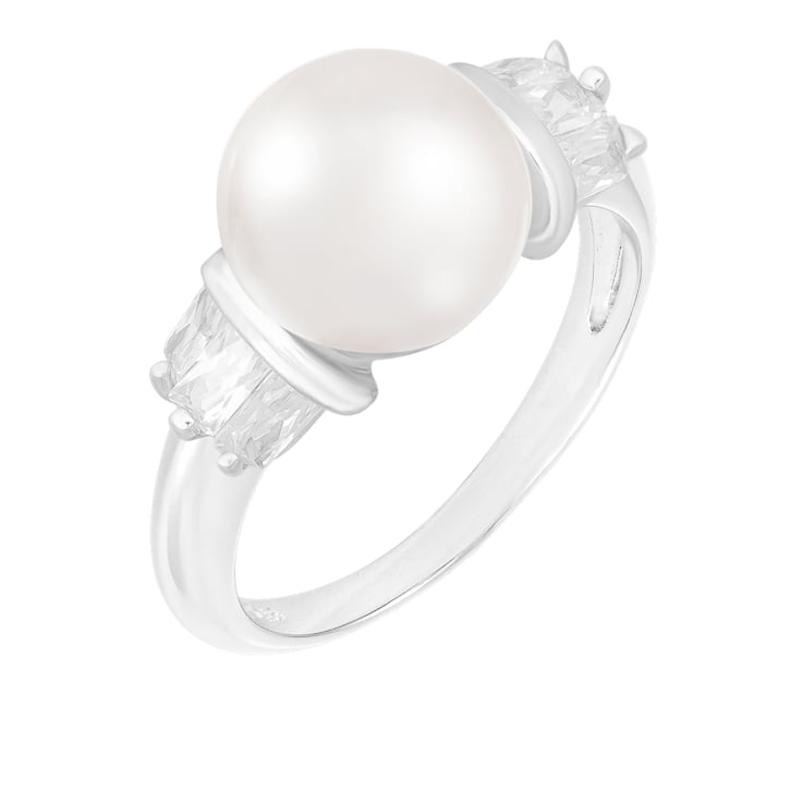 White Cultured Freshwater Pearl Ring Rhodium Over Silver