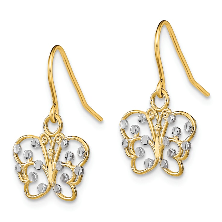 14k Yellow Gold and Rhodium Over 14k Yellow Gold Diamond-Cut Butterfly
Dangle Earrings