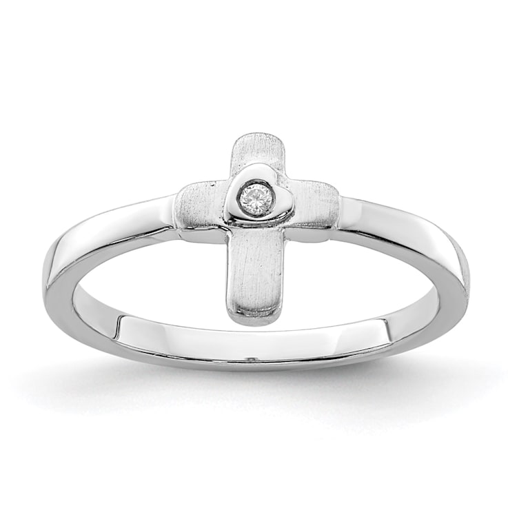 Sterling Silver Polished and Satin Cubic Zirconia Cross Children's Ring