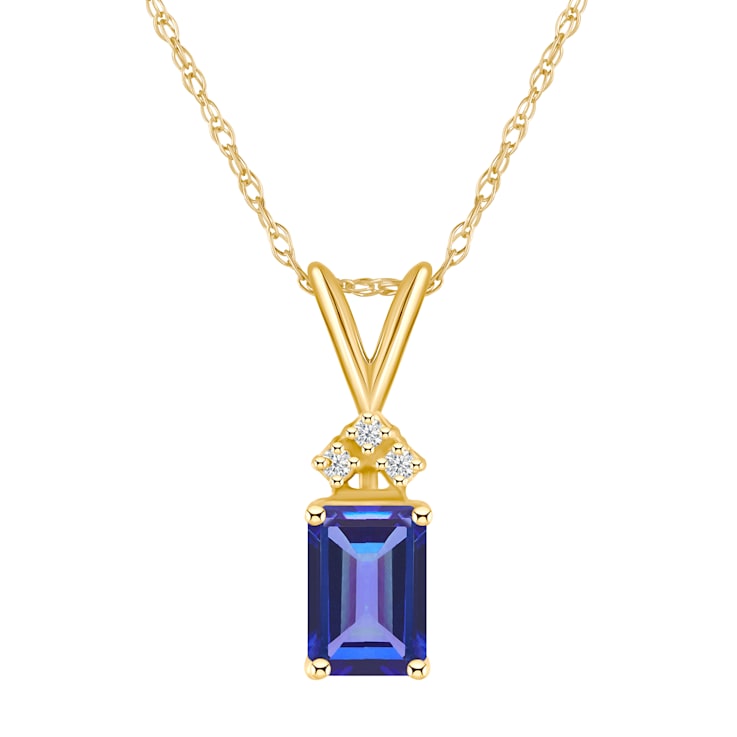 7x5mm Emerald Cut Tanzanite with Diamond Accents 14k Yellow Gold Pendant
With Chain